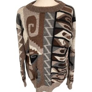 LA VICUNITA Sweater Womens Large Brown Beige Alpaca Geometric Peru Pullover